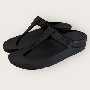 NEW Fitflop Lina Glitter Black Wedge Thong Sandals Women’s 10